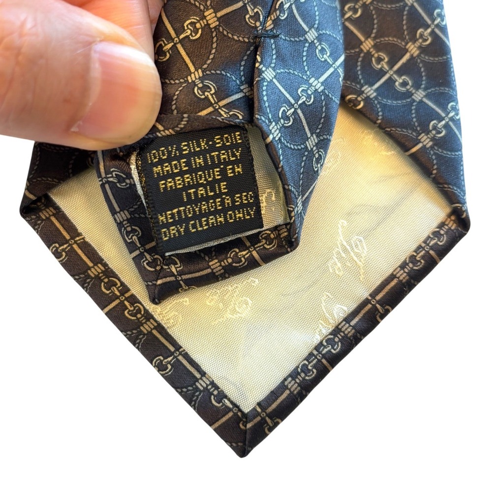 Vtg Luciano Toscani Horsebit 100% Silk Tie Men Taupe Brown Gold Gucci Made Italy - Picture 4 of 5